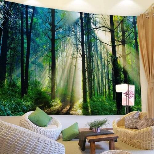 Sunshine Forest Tapestry Morning Green Trees Woodland Grasses Natural Landscape Wall Hanging for Living Room Bedroom Dorm Tapiz
