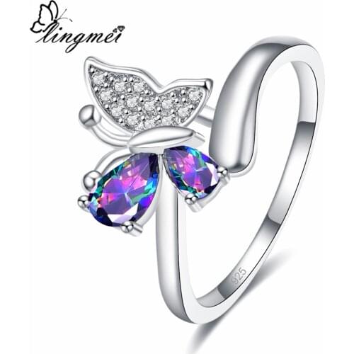 Lingmei Drop Shipping Wedding Butterfly Jewelry Rainbow & Blue & White Cubic Zircon Silver Color Ring Size 6 7 8 9 Party Gifts