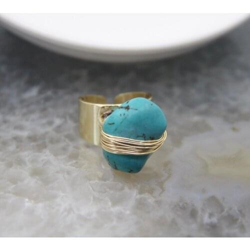 1pcs Irregular Natural Turquoise Wire-wrapped Adjustable Ring Blue Quartz Charms For Unisex Band Jewelry Anniversary Gift