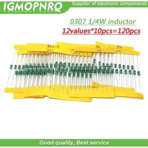 12values each 10pcs=120pcs 0307 1/4W 0.25W inductor 1uH-1MH component sample Assorted kit 1UH 10UH 22UH 33UH 47UH 100UH 1MH