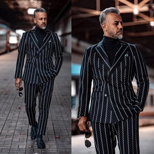 2020 Striped Peaked Lapel Wedding Suits Evening Party Prom Custom Made Slim Fit Casual 2 Pieces Best Man Tuxedos