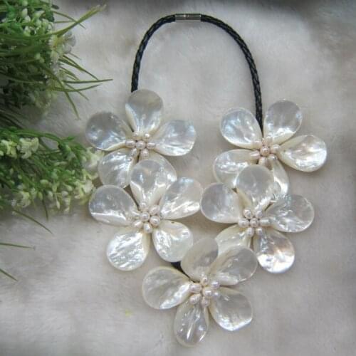 White Freshwater Pearl & Saltwater Mop shell flower Wrap Statement necklace