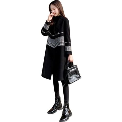 Black Woolen Coat Women 2021 Autumn Winter New Wool Jacket Women Loose Plus Size lattice Wool Overcoat Female Windbreaker Coat D
