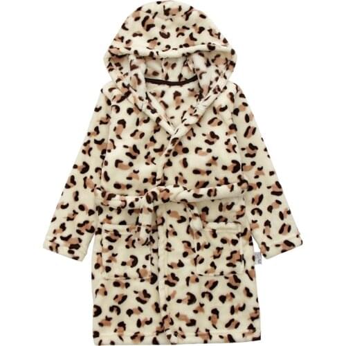 Autumn Winter Flannel Robe Bathrobes Kids Cartoon Owl Leopard Pajamas Hooded Thickening Baby Boys Girls Bath Robe Home Sleepwear