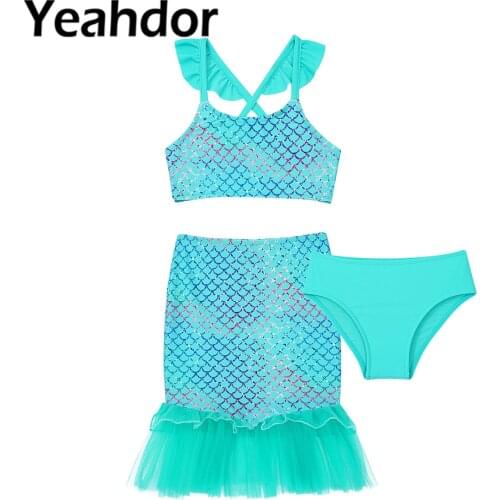 3Pcs Kids Girls Summer Clothes Set Swimsuit Shoulder Straps Fish Scales Crop Top Ruffle Mesh Hem Skirt Tail with Briefs Swimwear