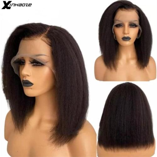 Kinky Straight Bob Human Hair Lace Wigs 150 Density Coarse Yaki Human Hair Wigs For Women Short Brazilian Hair 13x4 Lace Wig