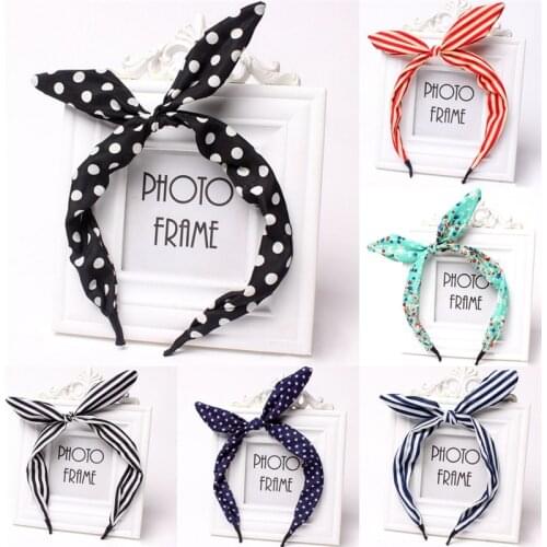 Cute Leopard Dots Lip Print Flower Bunny Rabbit Ear Ribbon Headwear Hairband Metal Wire Scarf Headband Hair Band Accessories
