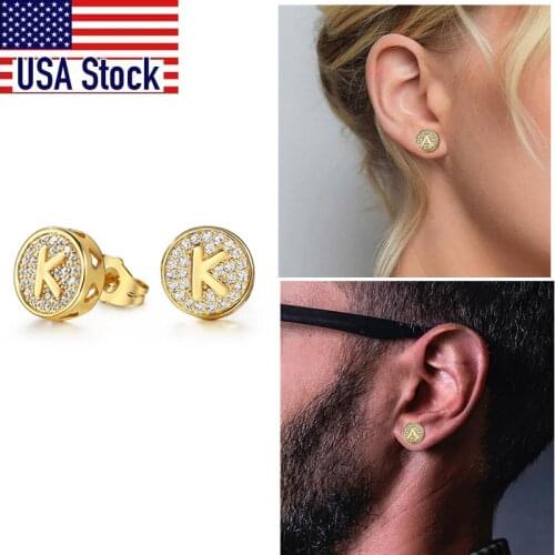 Fashion Cubic Zircon Initial A-Z Letter Gold Stud Earrings for Men Women AAA CZ Punk Hip-Hop Name Earrings 2021 Trend GE353A