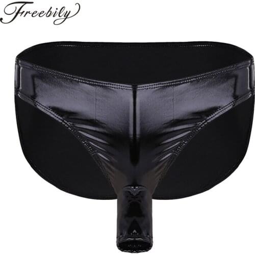 Mens Lingerie Underwear Wet Look Patent Leather Briefs Underwear Panties with Open Penis Sheath Hole Gay Sexy Exotic Panties