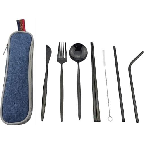 8Pcs Portable Dinneware Set For Travel 304 Stainless Steel Fork Spoon Chopsticks Straw Silverwar Set Black Cutlery with Pouch