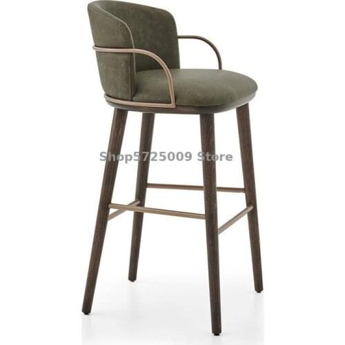 Nordic light luxury bar chair simple solid wood bar chair modern coffee shop high chair metal ring armrest bar stool