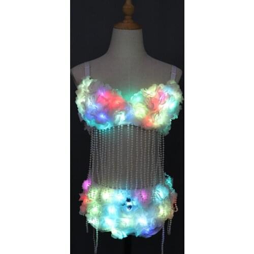 New Fashion Glowing Clothes LED Bra Lady Clothing Women Bra Shorts Alice shoulder Armor Suits Ballroom Dance Dress