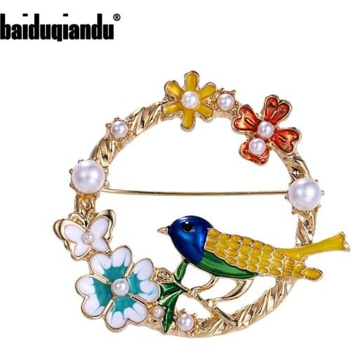 Baiduqiandu Brand New Arrival Enameled Bird and Flowers Brooch Pins Fashion Womens Costume Jewelry