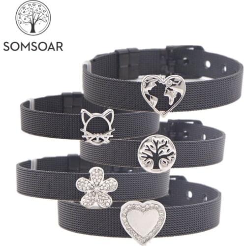 Drop shipping Somsoar Jewelry Black Stainless Steel Mesh Bracelet Bangles with Slide Charms DIY Jewelry for Mothers Day Gift