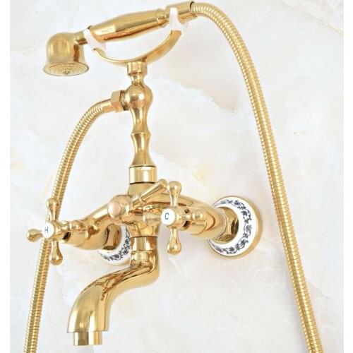 Luxury Polished Gold Color Brass Bathroom Wall Mounted Clawfoot Tub Faucet Taps Set With Hand Held Shower Head Spray mna806