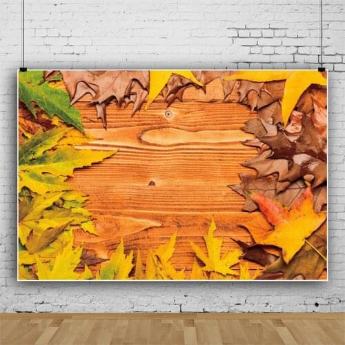 Laeacco Old Planks Wooden Board Autumn Yellow Fallen Maples Pet Doll For Digital Photography Background Photo Backdrop Photocall