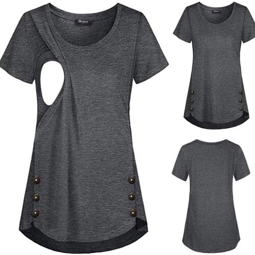 Womens Breastfeeding T-shirt O Neck Cotton Solid Color Button Maternity Clothing Short Sleeve Pregnant Women T-shirt Tops 2020