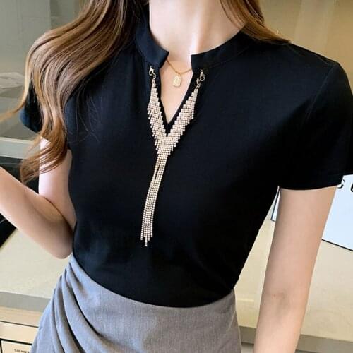 Blusas Mujer De Moda 2021 T-shirt Female Summer Black Short Sleeve V-neck Fashion Women Clothing Sexy Diamonds Plus Size 1024