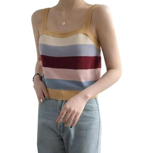 Women Camis Rainbow Stripe Square Neck Sleeveless Knit Strappy Vest Cami Top Casual t shirt female