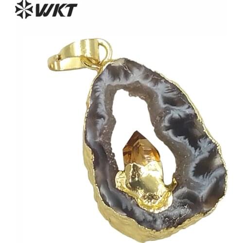 WT-P1160 WKT Natural Stone Pendant High Quality Slice Geode With Geode With Electroplate For Women Fashion jewelry Making