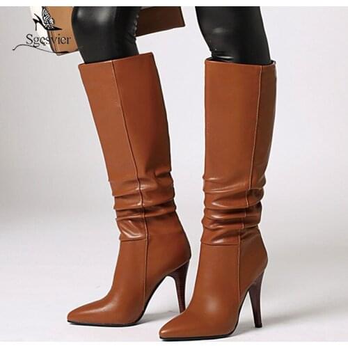 Sgesvier Woman Knee High Boots Pointed toe Thin High Heels Boots Non-slip 2020 Winter Thigh High Boots Fur Botas Mujer