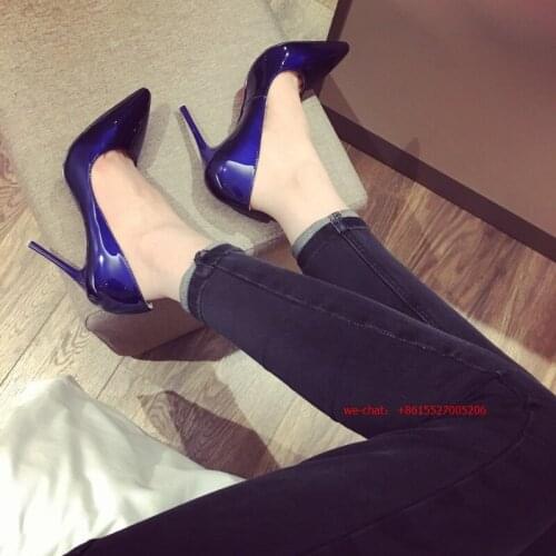 Discount Navy Blue Pointed toe Thin High Heels Sexy PU Bright Patent Leather Dress Pumps Women 10cm 12cm Stiletto Heels