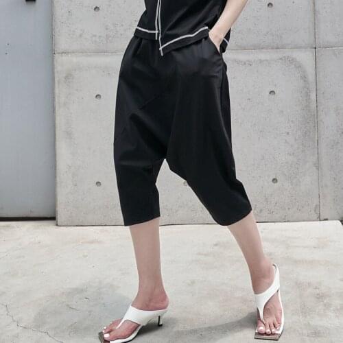 Ladies summer new stage wind street hip hop crotch elastic waist seven points casual large size personality baggy pants