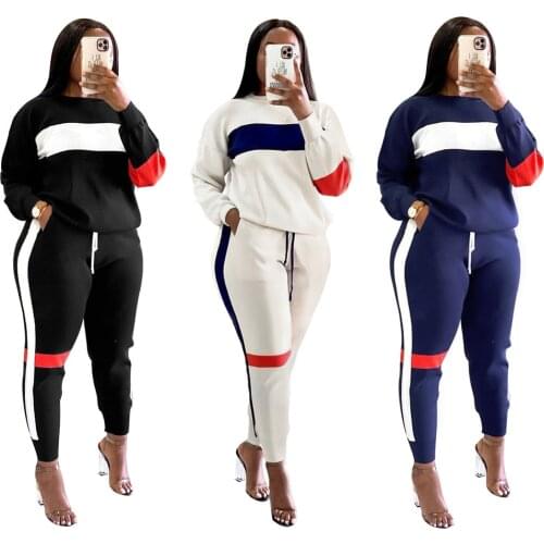 Geometric Patchwork Casual 2 Pieces Set Woman Jogger Sports Preppy Outfit Fashion Young Tracksuit Autumn Clothing