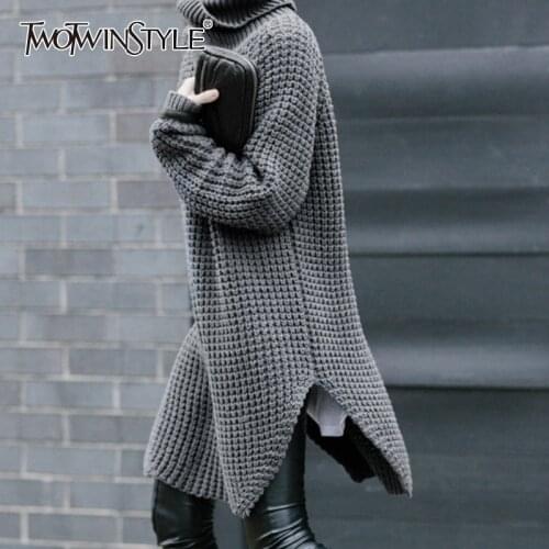 TWOTWINSTYLE Korean Side Split Womens Sweater Turtleneck Long Sleeve Warm Thick Female Sweater 2020 Autumn Winter Fashion New