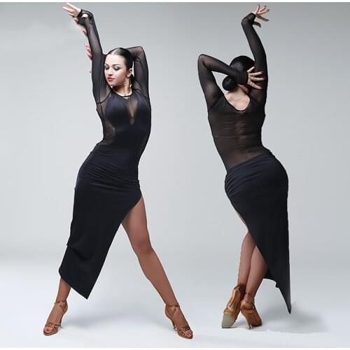 Black Latin Dancing Dress For Women Mesh Dress Ballroom Practice Wear Sexy Dancer Outfits Salsa Dancewear Designer Clothes B32
