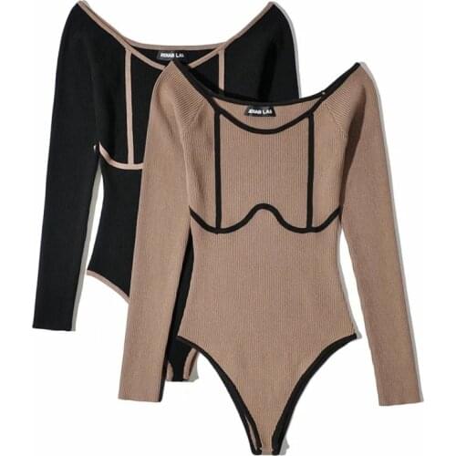 Sexy Round Color Contrast Color Knitted Bodysuits Women Slim Long Sleeve Jumpsuit 2020 Autumn New Ladies One-pieces Jumpsuits