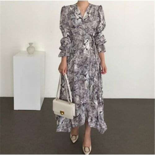 RUGOD Blooming Ink Flower Vintage Chic Dress for Ladies V-neck Puff Sleeve Female Autumn Dresses Elegant Womens Clothing