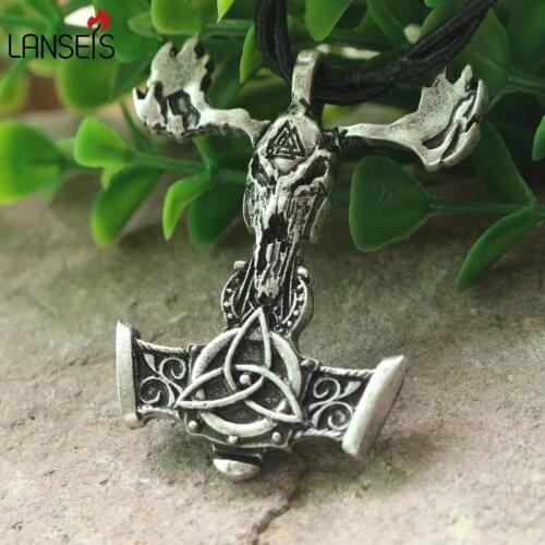Lanseis 10pcs Viking Skull mjolnir pendant goat head skull charm men necklace Valknot talisman symbol jewelry