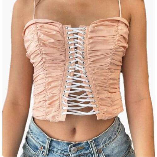 2021 Women Fashion Sexy Lace-Up Garment Halter Backless Slim Short Camisole Bandage Top Party Tank Vest Camis