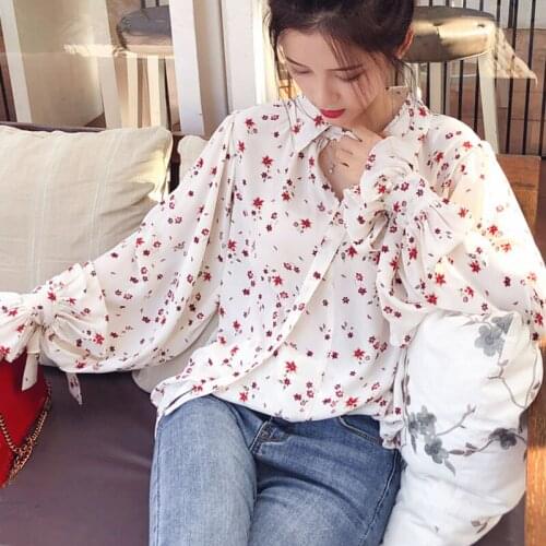 2019 Women Fashion Casual Chiffon Tops Floral Long Sleeve Blouse Ladies Korean Blouses Spliced Print V-Neck lantern Sleeve 0482