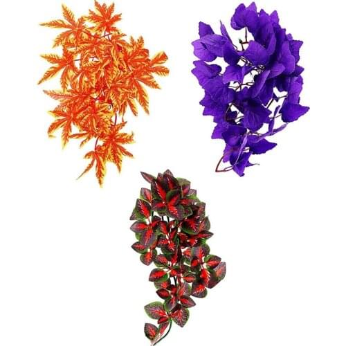 3 Pcs Reptile Hanging Plants Silk Terrarium with Suction Cup for Bearded Dragons Hermit Crab Tank Habitat Decorations