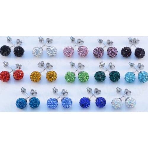 30pair/lot 10mm micro mixed white multicolor stainless steel Beads stud earrings silver plated v442 crystal