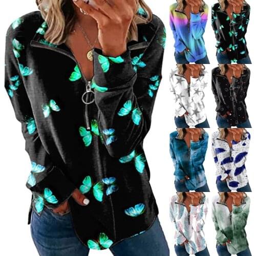 Zipper Lapel Shirts Blouse Women Oversize Loose Print Streetwear Sweatshirt Long Sleeve Tops Elegant Fashionblouses Blusas