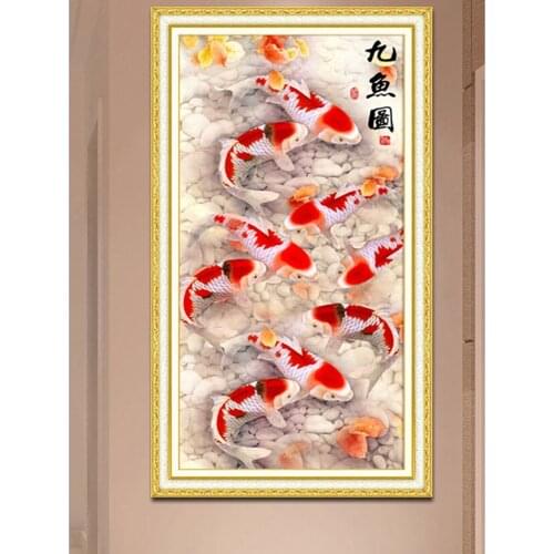 DIY 5D Nine Golden Fish Scenery Embroidery, Full Rhinestone Pictures, Diamond Painting Cross Stitch,Needlework Craft FH1109