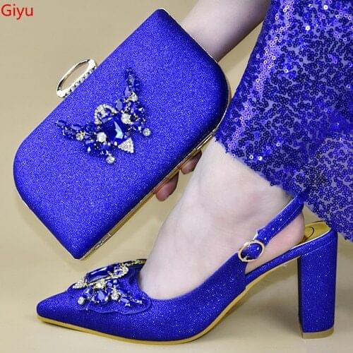 Doershow New Arrival African Wedding Shoes and Bag Set blue Color Italian Shoes with Matching Bags Nigerian Women party!!SVZ1-14
