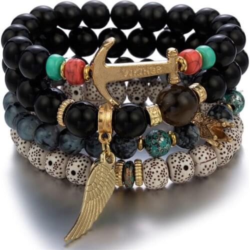 4 pcs/set Ethnic Bohemian Multilayer Natural Stone Golden Angel Wings Pendant Bracelets for Women Girl Wedding Accessories Gift