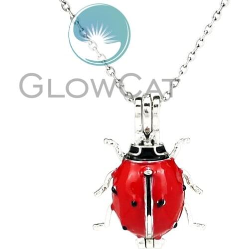 Red Enamel Insect Ladybug Beads Cage Locket Pendant Perfume Diffuser Pearl Cage Necklace KK1058