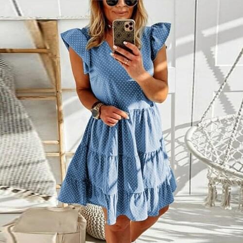 Summer Ruffles Sundress 2021 Women Elegant V-neck Lotus Leaf Sleeve Mini Dress Dot Print Boho Womens Plus Size Casual Vestidos