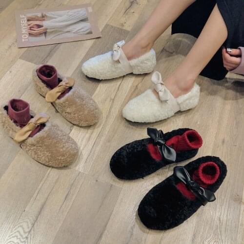 New Korean version of Japanese furry womens shoes fashion wild lazy flat cotton shoes comfortable warm pea shoes