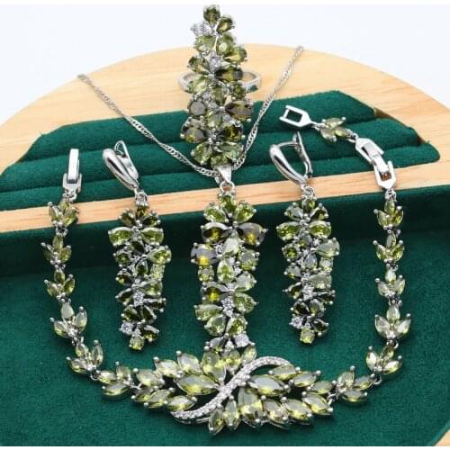 New Olive Green Purple Topaz 925 Silver Jewelry Set For Women Bracelet Earrings Necklace pendant Ring Birthday Gift 4PCS