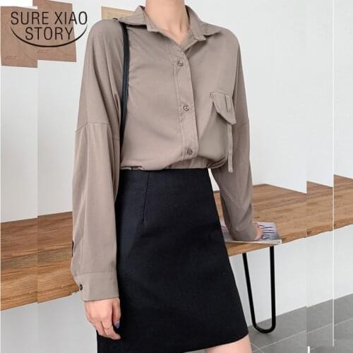 Autumn 2021 New Elegant Fashion Women Long Section Shirts Long Sleeve POLO Collar OL Style Pocket Casual Loose Blouses 7254 50