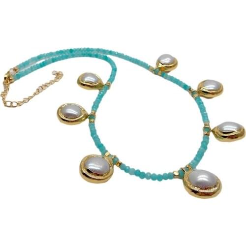 YYGEM Natural Faceted rondelle Amazonite White freshwater Pearl charm choker Necklace 17"