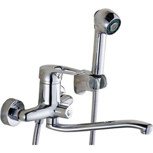 Polished Chrome Brass Wall Mounted Single Handle Swivel Kitchen Bathroom Sink Faucet / Tub Filler With Hand Shower asf041