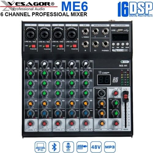 Professional Mixer ME6 6Channel Bluetooth Mixer DJ Mixing Console with Reverb Effect for Home Karaoke USB Live Stage Mixer