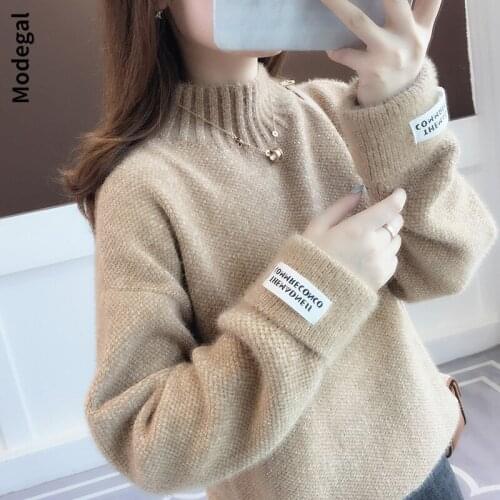 Modegal Womens Autumn Knit Striped Pullover Crew High Neck Long Sleeve Solid Color Loose Thick Knitted Sweaters Winter 2021